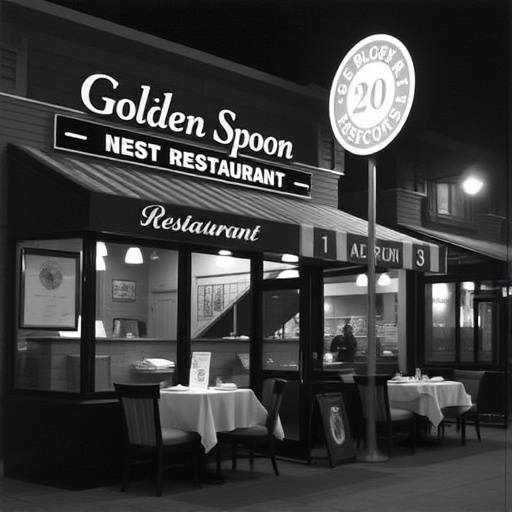 A black and white photo showing the original Golden Spoon restaurant during its opening week in 2010.