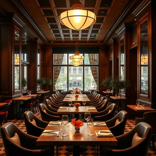 Elegant interior of The Golden Spoon restaurant, showcasing the dining area with tables set for dinner service.