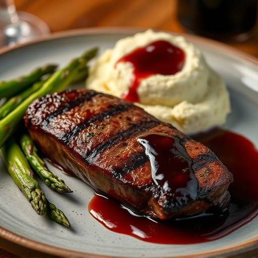 Grilled ribeye steak with truffle mashed potatoes, asparagus, and red wine reduction.