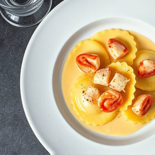 Handmade lobster ravioli with saffron cream sauce and parmesan cheese.