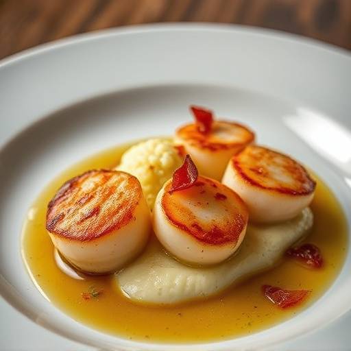 Pan-seared scallops with cauliflower purée, brown butter, and crispy prosciutto.